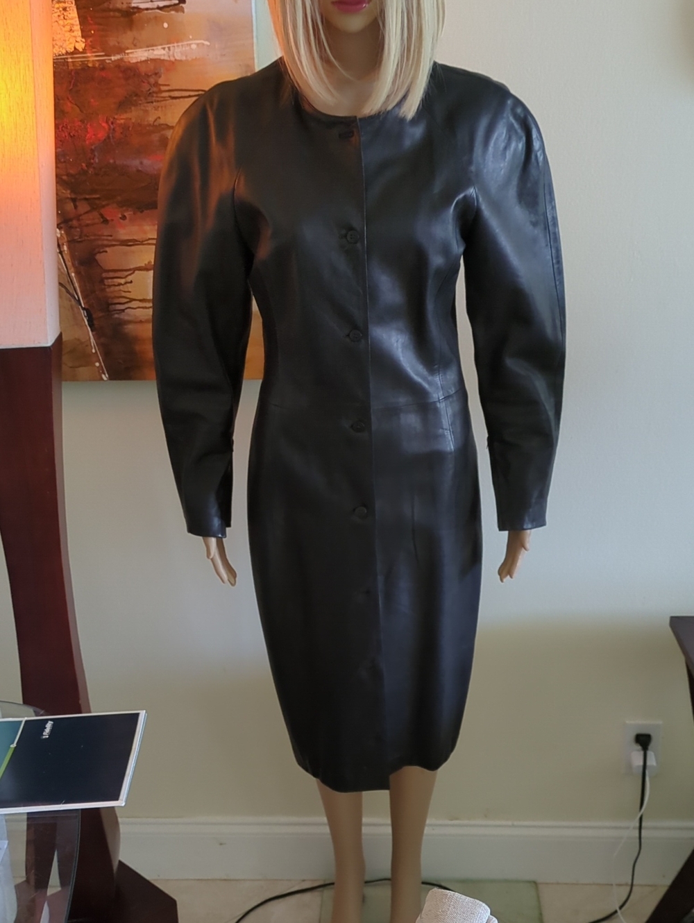 Classic Black Leather Longline Coat, Size S.